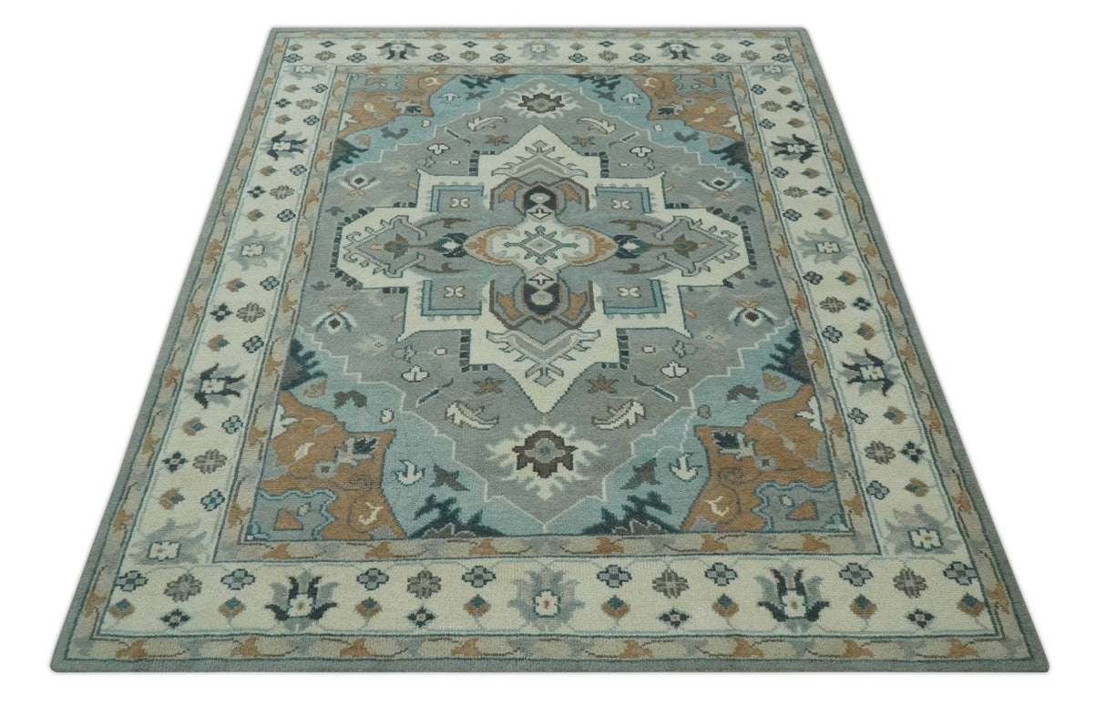 Traditional Heriz Gray and Ivory 7x9 and 8x10 Floral Hand Knotted wool Area Rug
