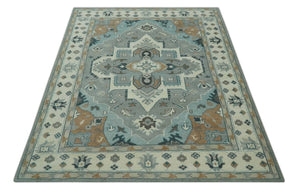 Traditional Heriz Gray and Ivory 7x9 and 8x10 Floral Hand Knotted wool Area Rug