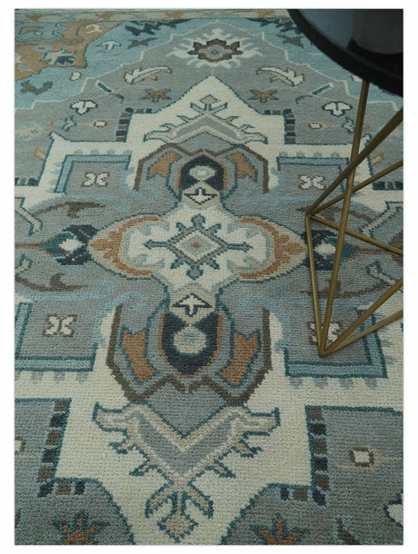 Traditional Heriz Gray and Ivory 7x9 and 8x10 Floral Hand Knotted wool Area Rug