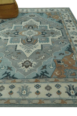 Traditional Heriz Gray and Ivory 7x9 and 8x10 Floral Hand Knotted wool Area Rug