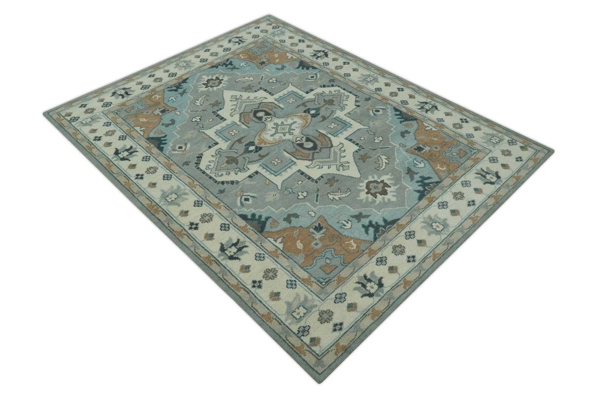 Traditional Heriz Gray and Ivory 7x9 and 8x10 Floral Hand Knotted wool Area Rug