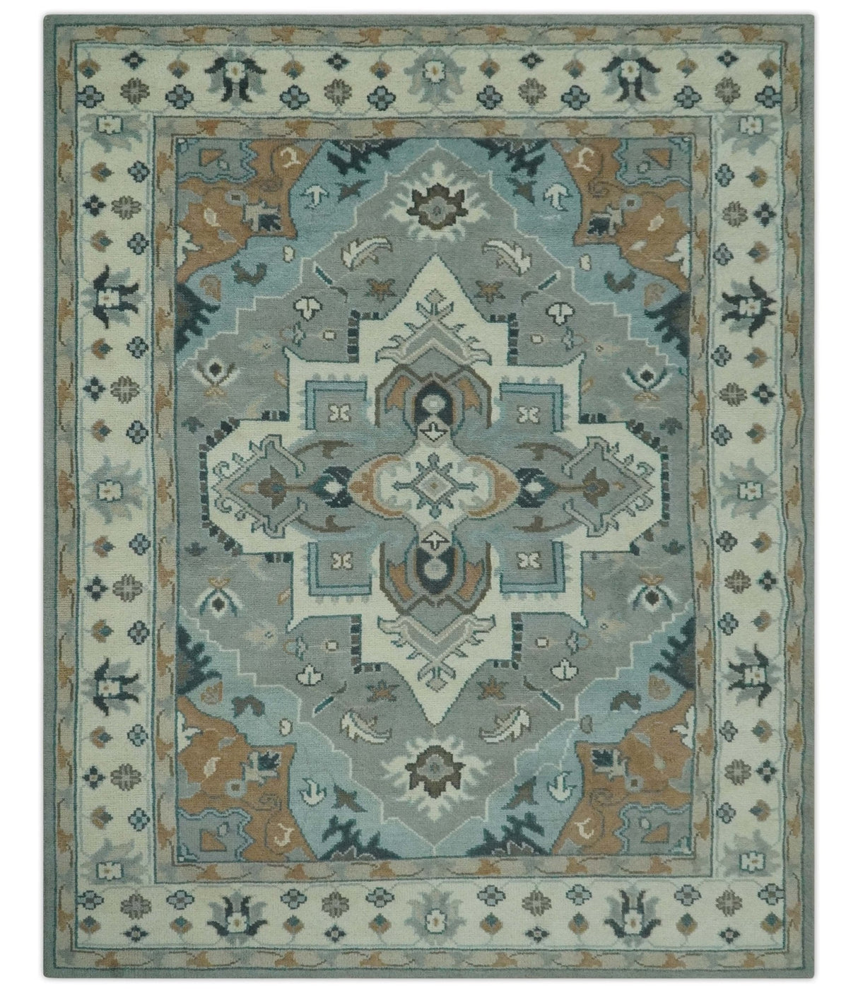 Traditional Heriz Gray and Ivory 7x9 and 8x10 Floral Hand Knotted wool Area Rug