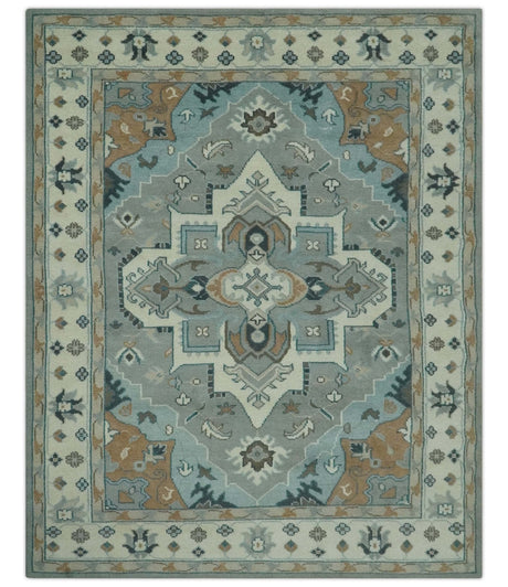 Traditional Heriz Gray and Ivory 7x9 and 8x10 Floral Hand Knotted wool Area Rug