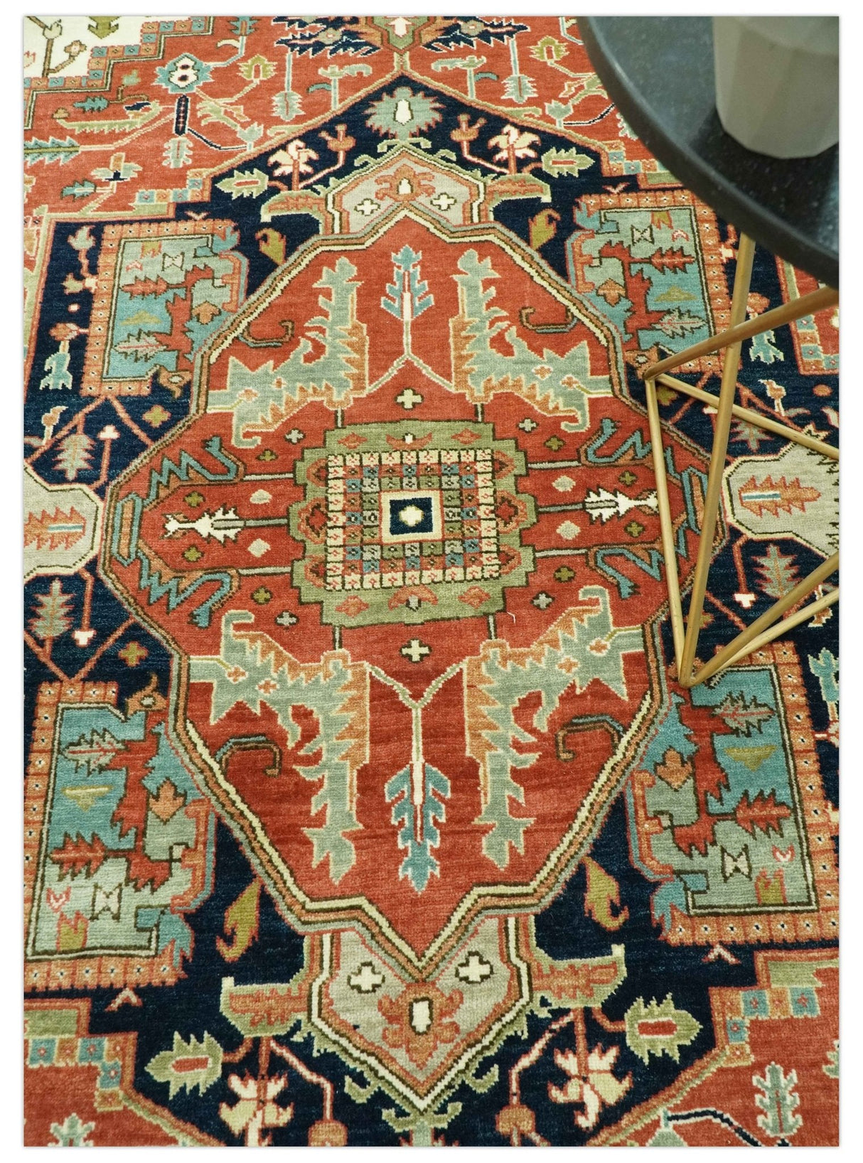 Traditional Heriz Rust, Ivory and Blue 8x10 fine Hand Knotted wool area rug