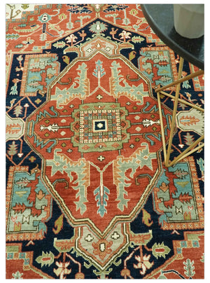 Traditional Heriz Rust, Ivory and Blue 8x10 fine Hand Knotted wool area rug