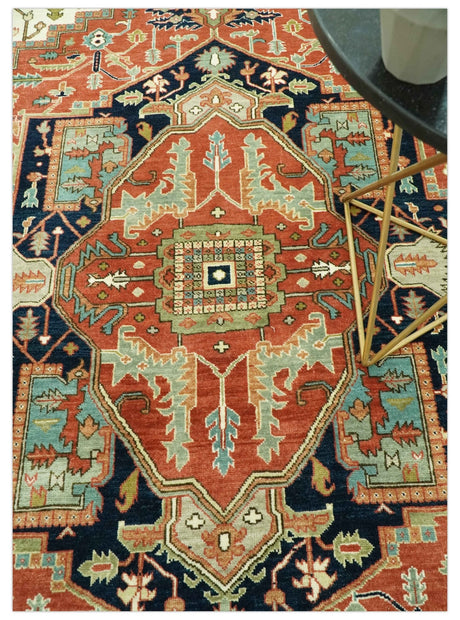 Traditional Heriz Rust, Ivory and Blue 8x10 fine Hand Knotted wool area rug