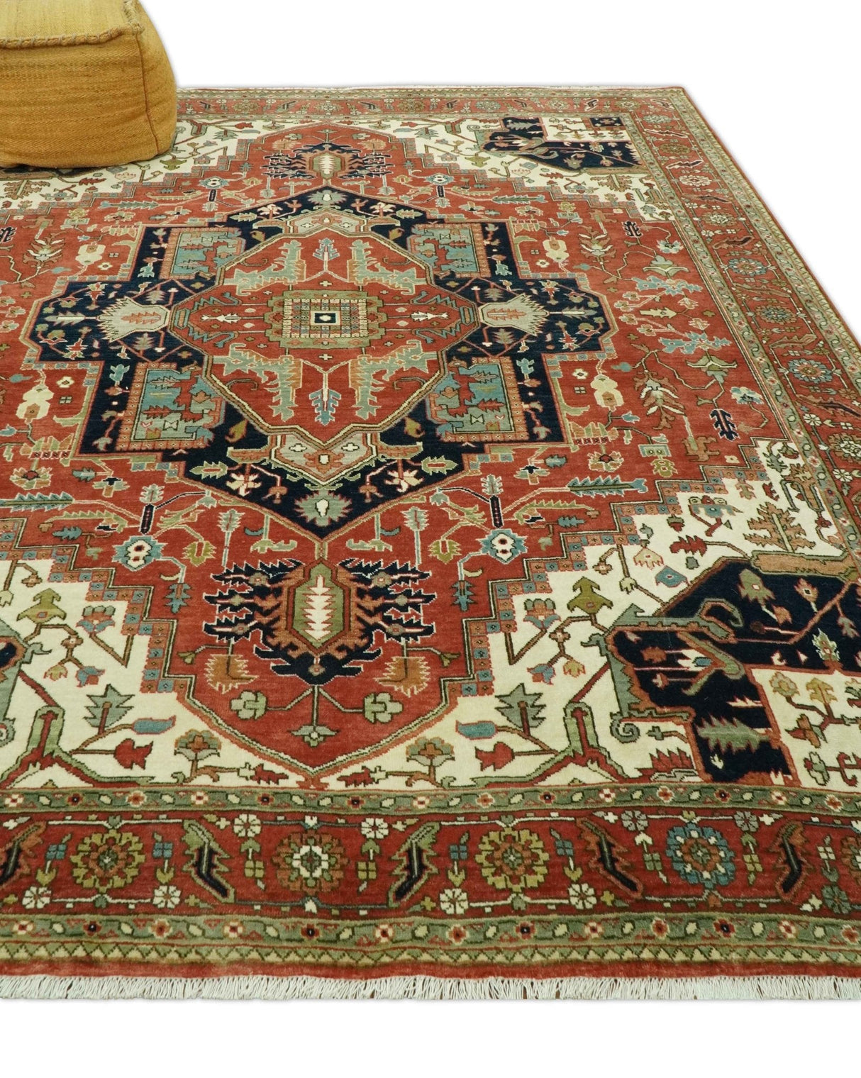 Traditional Heriz Rust, Ivory and Blue 8x10 fine Hand Knotted wool area rug
