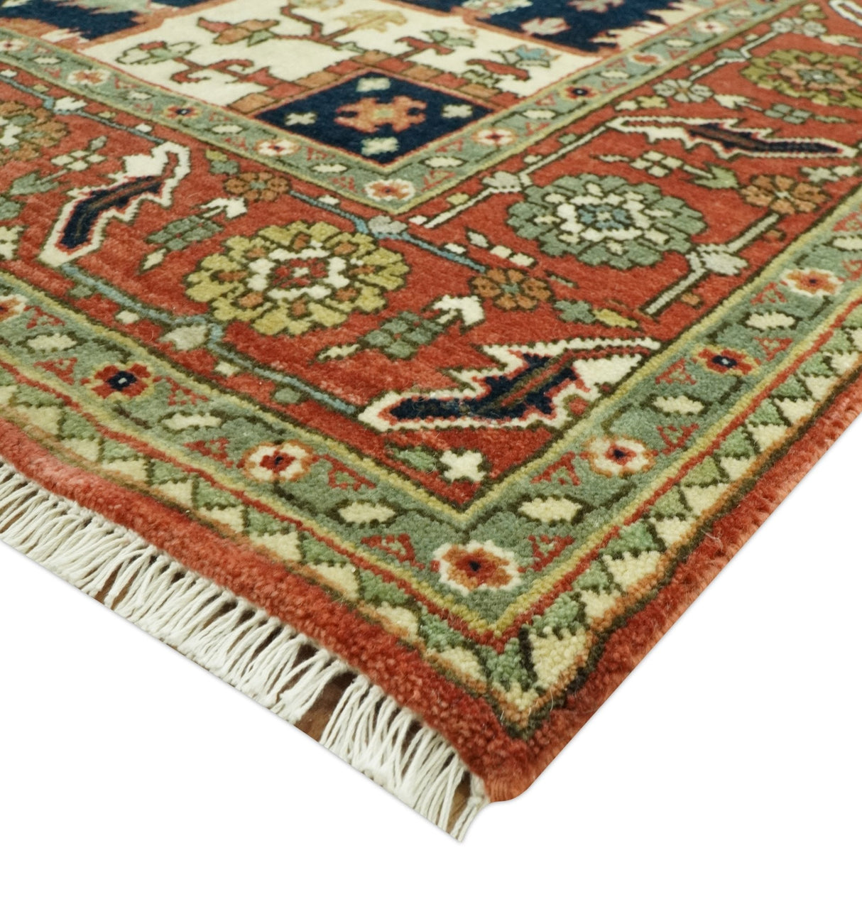 Traditional Heriz Rust, Ivory and Blue 8x10 fine Hand Knotted wool area rug