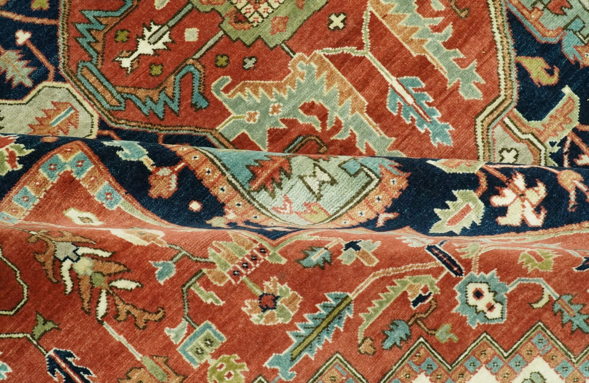 Traditional Heriz Rust, Ivory and Blue 8x10 fine Hand Knotted wool area rug
