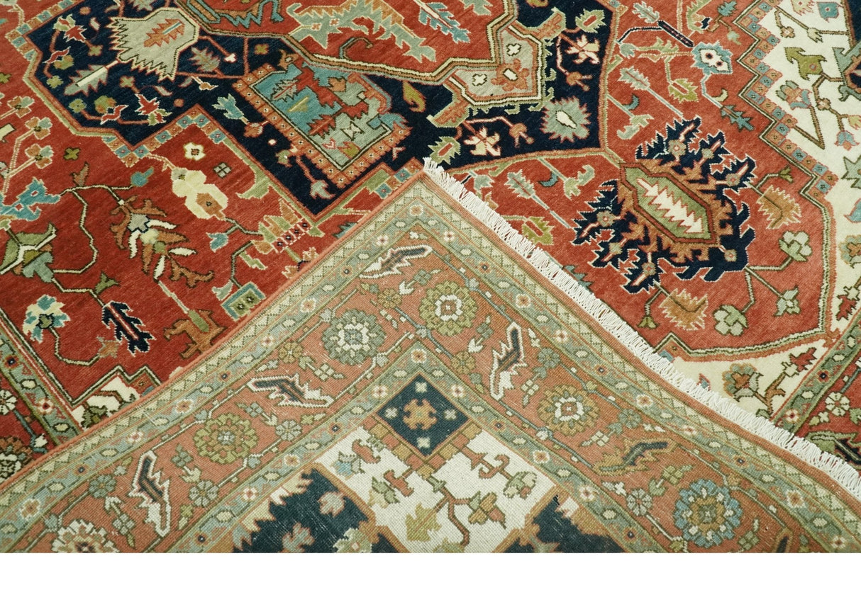 Traditional Heriz Rust, Ivory and Blue 8x10 fine Hand Knotted wool area rug