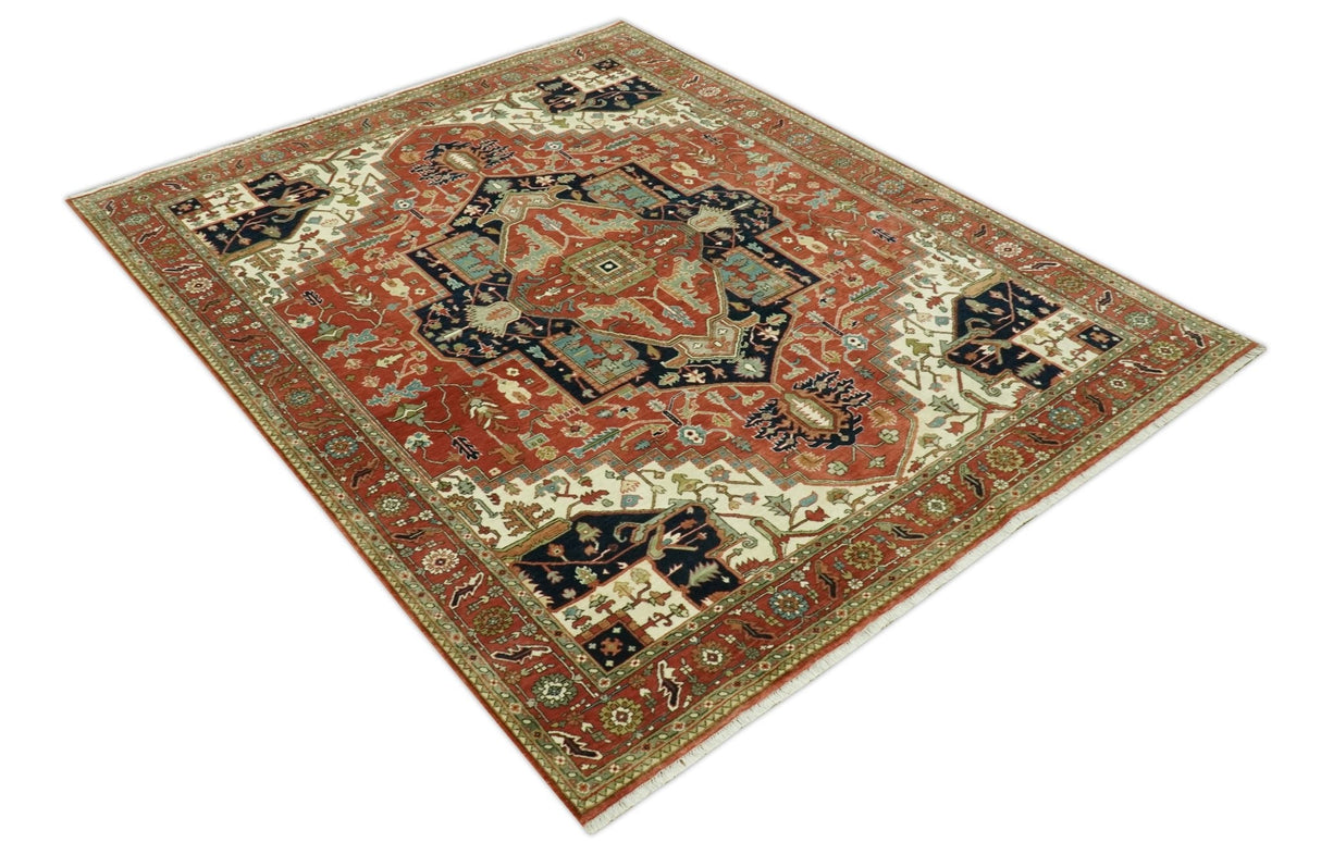 Traditional Heriz Rust, Ivory and Blue 8x10 fine Hand Knotted wool area rug