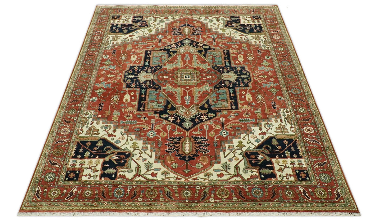 Traditional Heriz Rust, Ivory and Blue 8x10 fine Hand Knotted wool area rug
