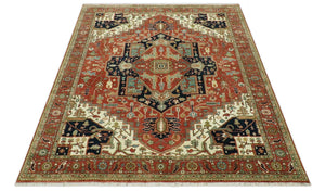 Traditional Heriz Rust, Ivory and Blue 8x10 fine Hand Knotted wool area rug