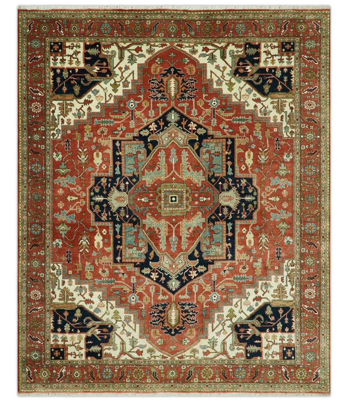 Traditional Heriz Rust, Ivory and Blue 8x10 fine Hand Knotted wool area rug