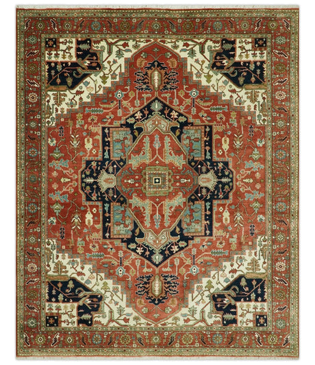 Traditional Heriz Rust, Ivory and Blue 8x10 fine Hand Knotted wool area rug