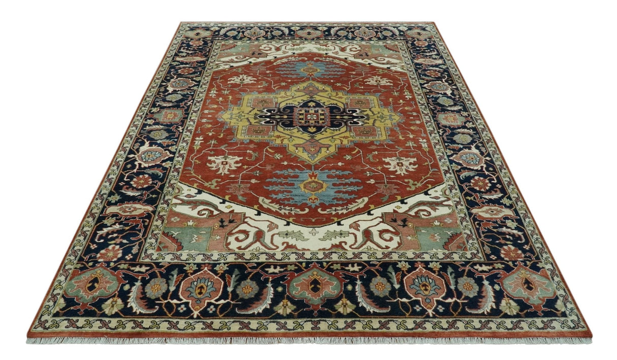 Traditional Heriz Rust and Blue Fine Hand Knotted 9x12 wool area rug