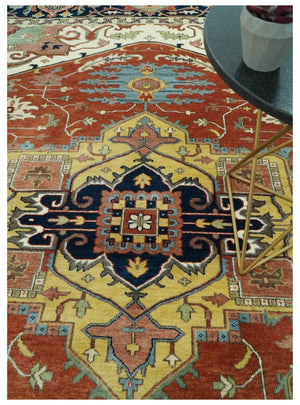 Traditional Heriz Rust and Blue Fine Hand Knotted 9x12 wool area rug