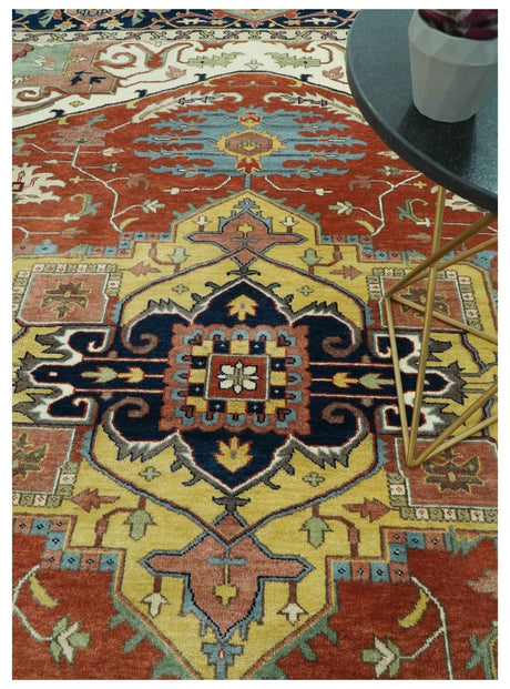 Traditional Heriz Rust and Blue Fine Hand Knotted 9x12 wool area rug