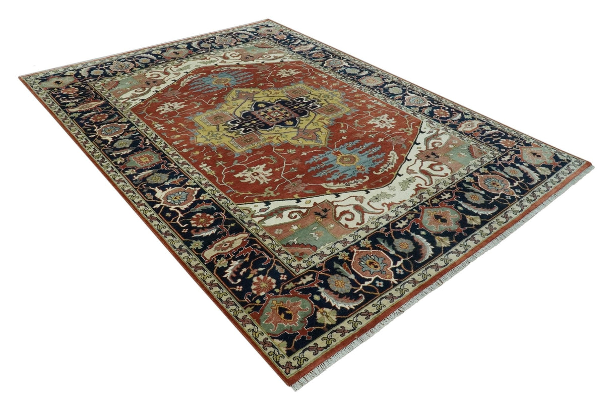 Traditional Heriz Rust and Blue Fine Hand Knotted 9x12 wool area rug