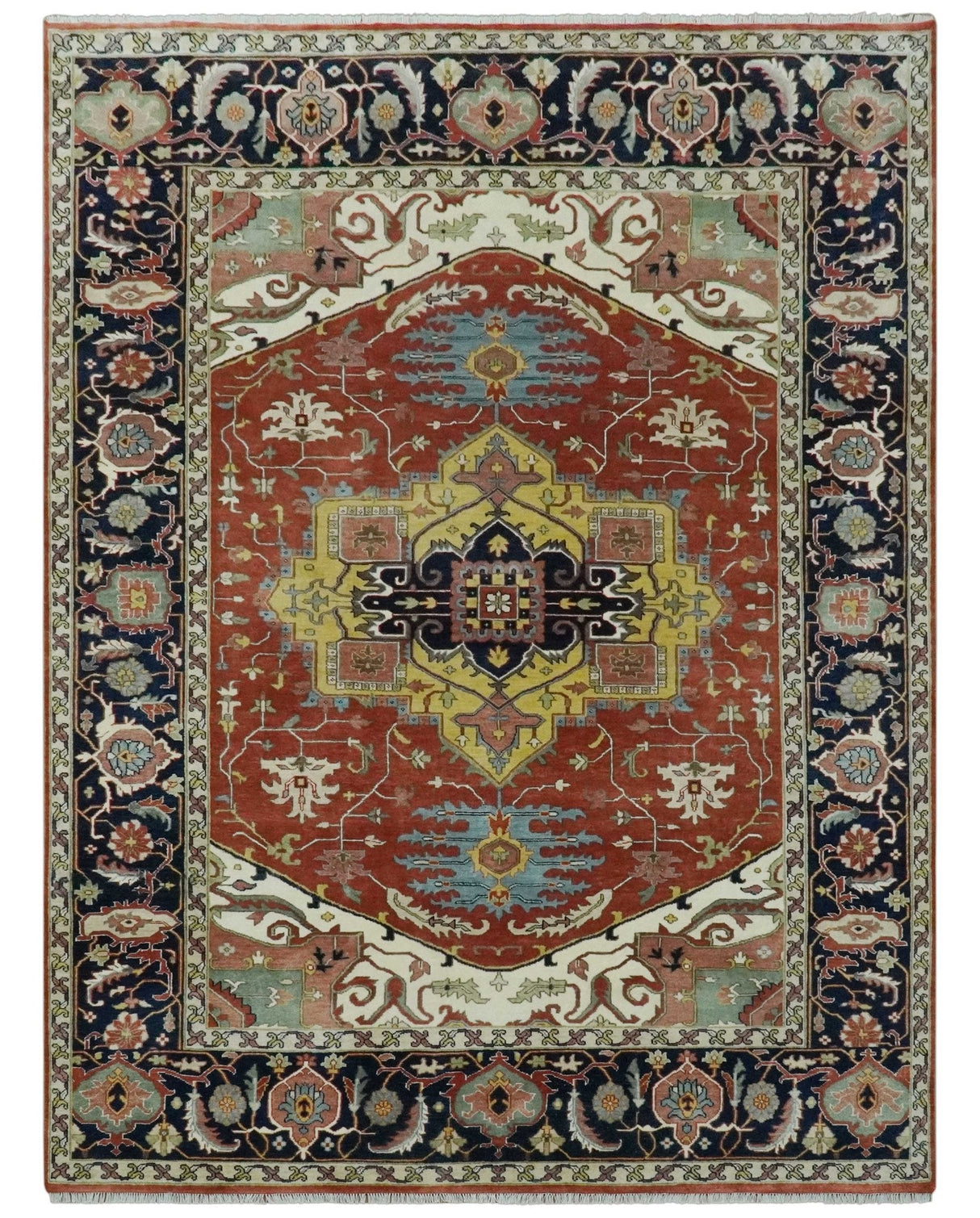 Traditional Heriz Rust and Blue Fine Hand Knotted 9x12 wool area rug