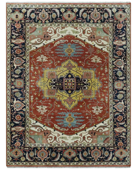 Traditional Heriz Rust and Blue Fine Hand Knotted 9x12 wool area rug
