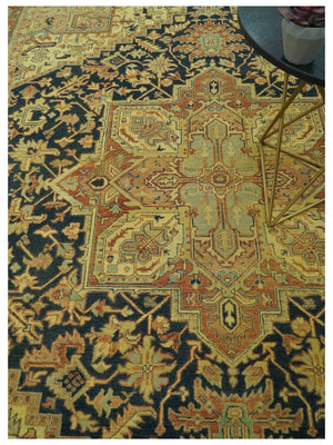 Traditional Heriz Vintage Style Fine Hand Knotted Gold, Blue and Rust Wool area Rug