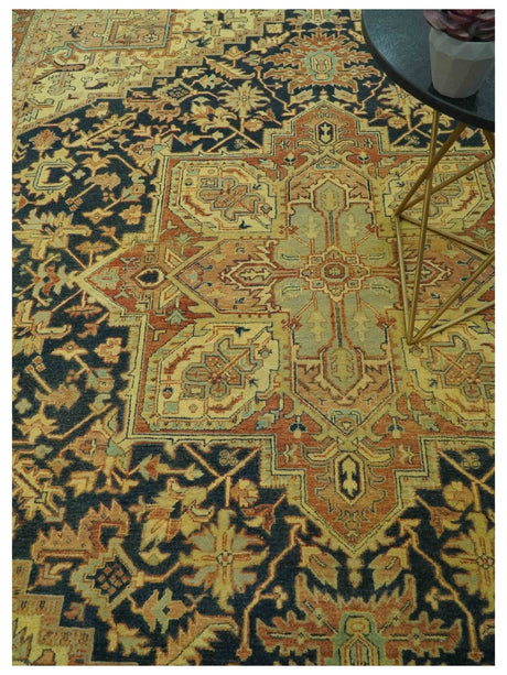 Traditional Heriz Vintage Style Fine Hand Knotted Gold, Blue and Rust Wool area Rug