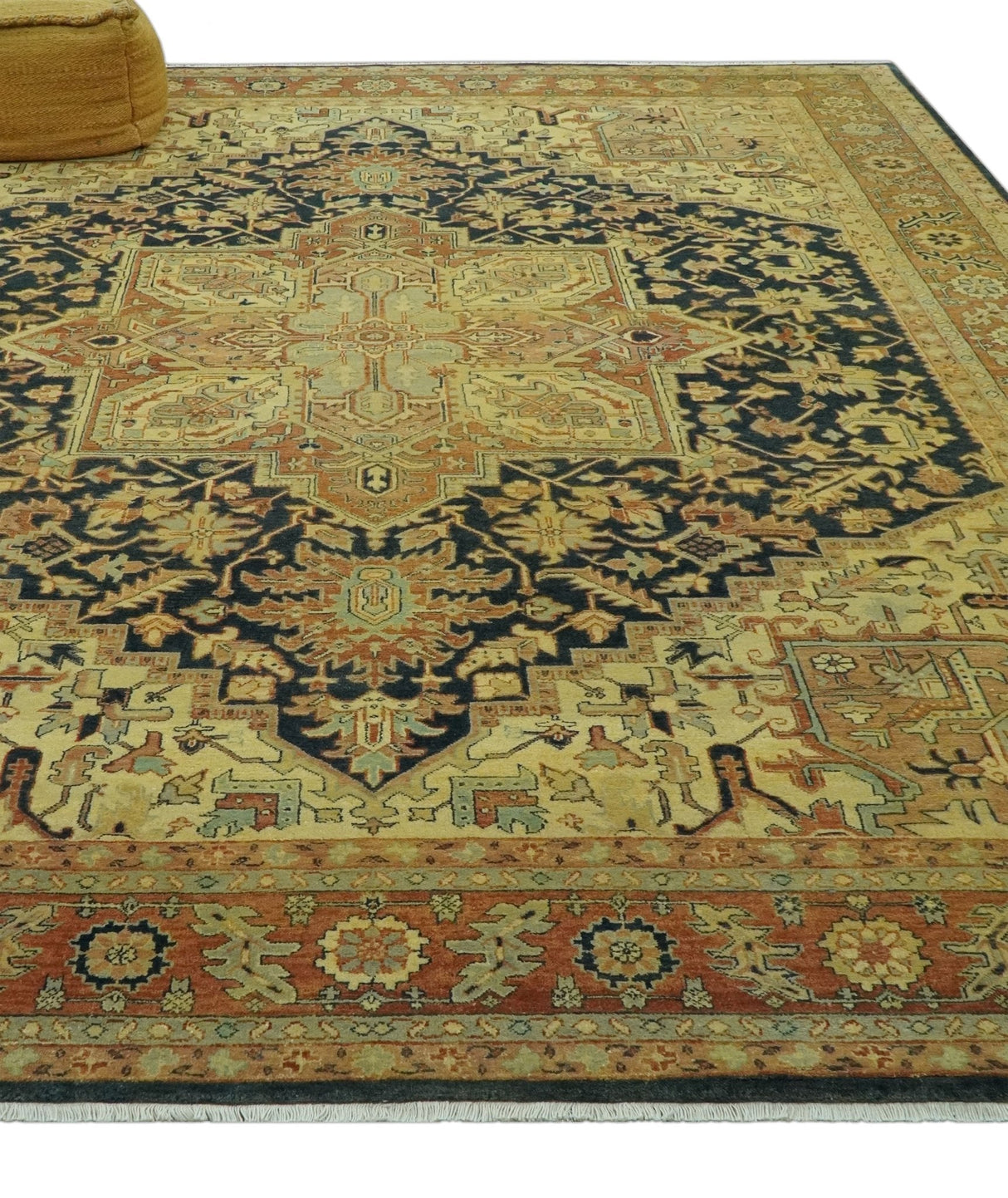 Traditional Heriz Vintage Style Fine Hand Knotted Gold, Blue and Rust Wool area Rug