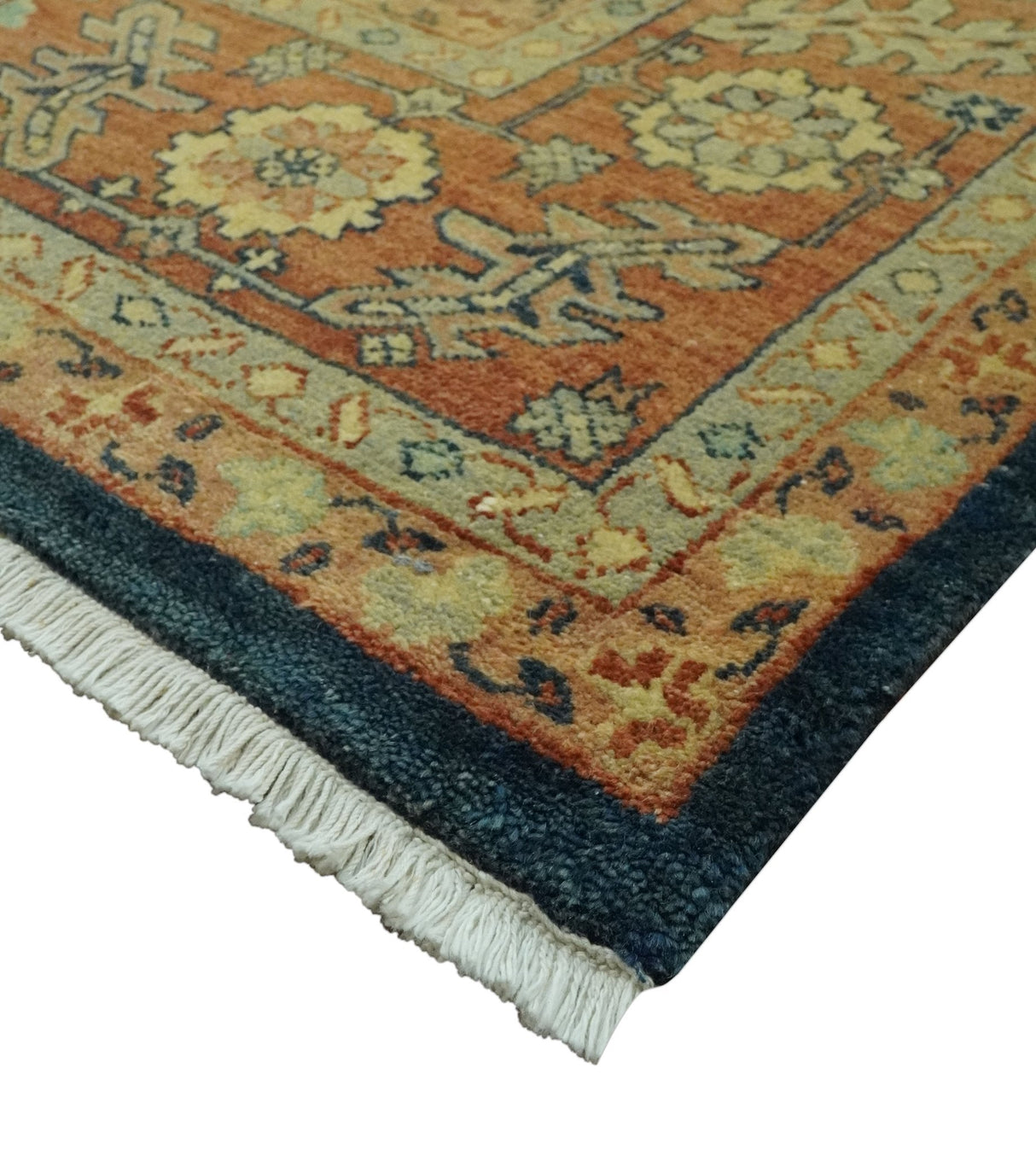 Traditional Heriz Vintage Style Fine Hand Knotted Gold, Blue and Rust Wool area Rug