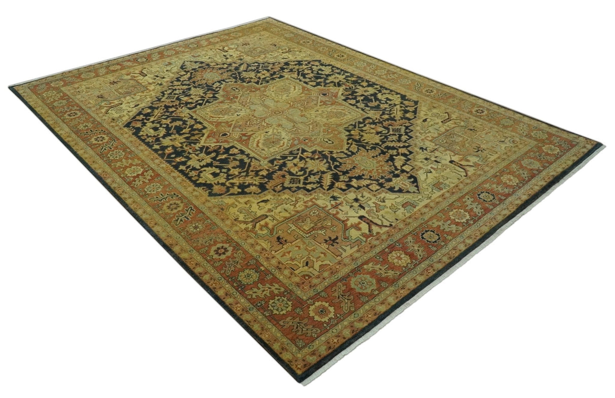 Traditional Heriz Vintage Style Fine Hand Knotted Gold, Blue and Rust Wool area Rug