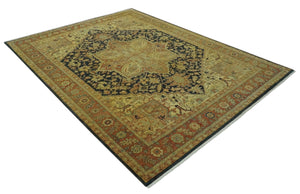 Traditional Heriz Vintage Style Fine Hand Knotted Gold, Blue and Rust Wool area Rug
