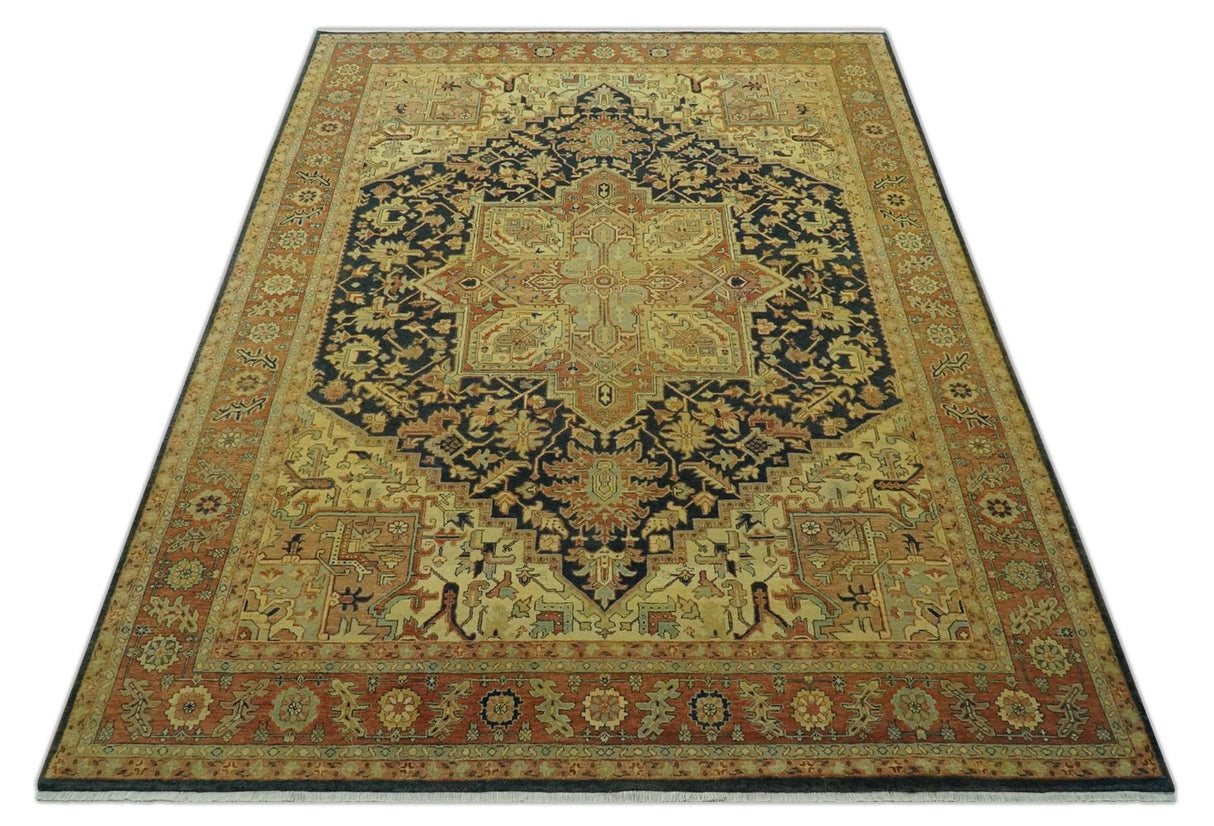 Traditional Heriz Vintage Style Fine Hand Knotted Gold, Blue and Rust Wool area Rug