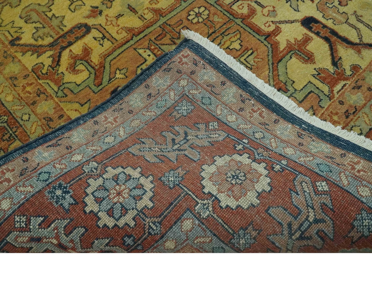Traditional Heriz Vintage Style Fine Hand Knotted Gold, Blue and Rust Wool area Rug