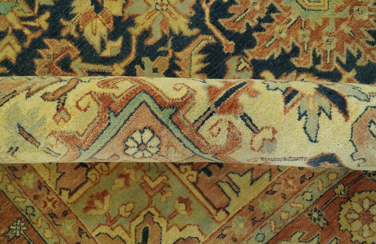 Traditional Heriz Vintage Style Fine Hand Knotted Gold, Blue and Rust Wool area Rug