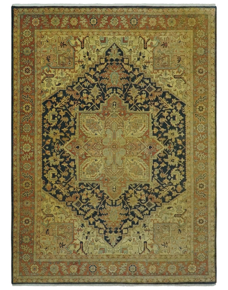 Traditional Heriz Vintage Style Fine Hand Knotted Gold, Blue and Rust Wool area Rug