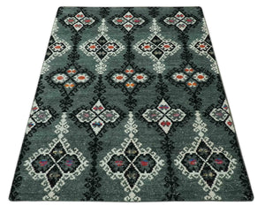 Traditional Ikat Design 5x7.6 Green, Black and Ivory Hand Knotted wool area rug