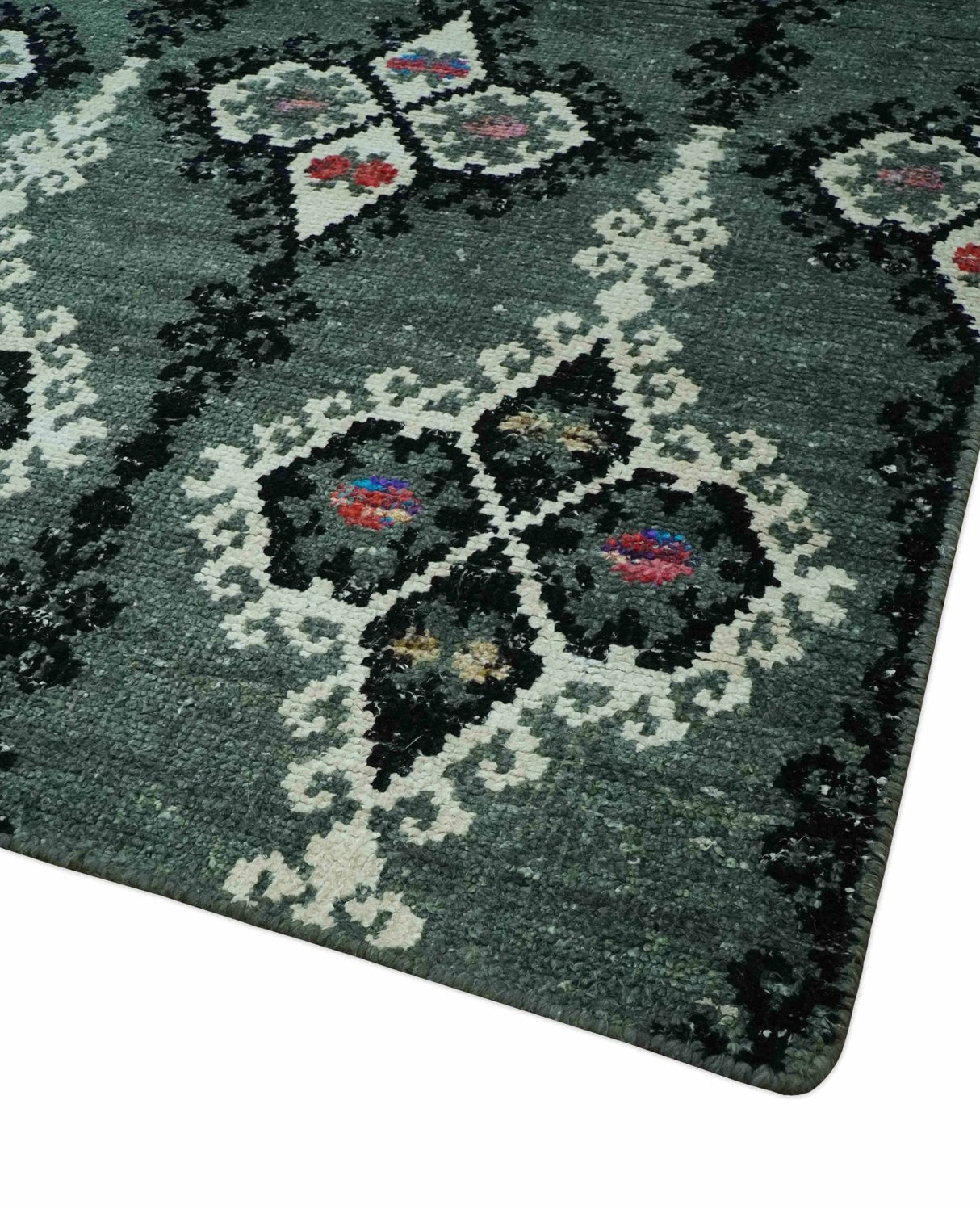 Traditional Ikat Design 5x7.6 Green, Black and Ivory Hand Knotted wool area rug