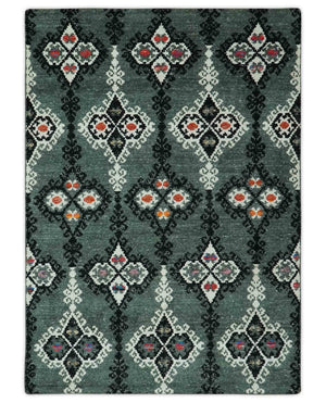 Traditional Ikat Design 5x7.6 Green, Black and Ivory Hand Knotted wool area rug