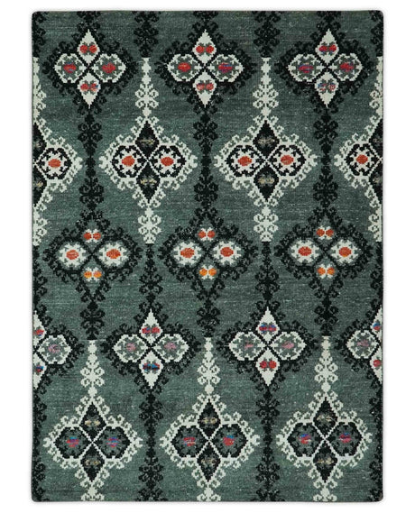 Traditional Ikat Design 5x7.6 Green, Black and Ivory Hand Knotted wool area rug