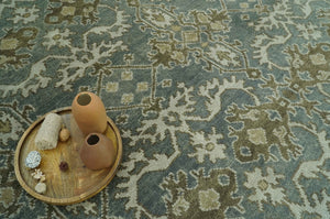 Traditional Ikat large Design Gray, Silver and Olive 8x10 Hand Knotted wool area rug