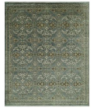 Traditional Ikat large Design Gray, Silver and Olive 8x10 Hand Knotted wool area rug