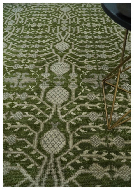 Traditional Khotan Design Hand knotted Green and Ivory 8x10 wool Area Rug