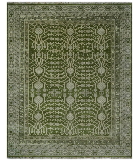 Traditional Khotan Design Hand knotted Green and Ivory 8x10 wool Area Rug