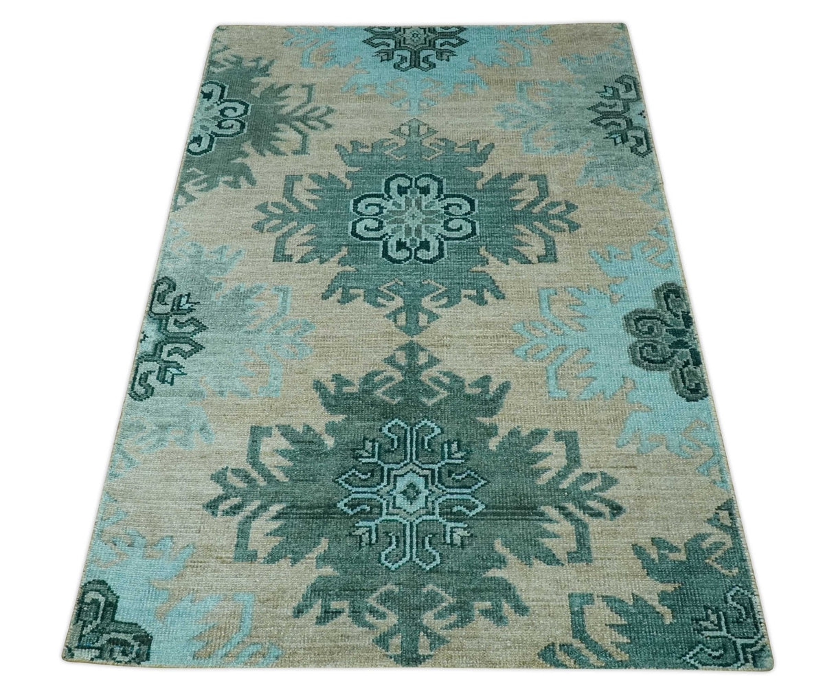Traditional Large Design 5x8 Beige, Teal and Aqua Hand knotted wool area rug