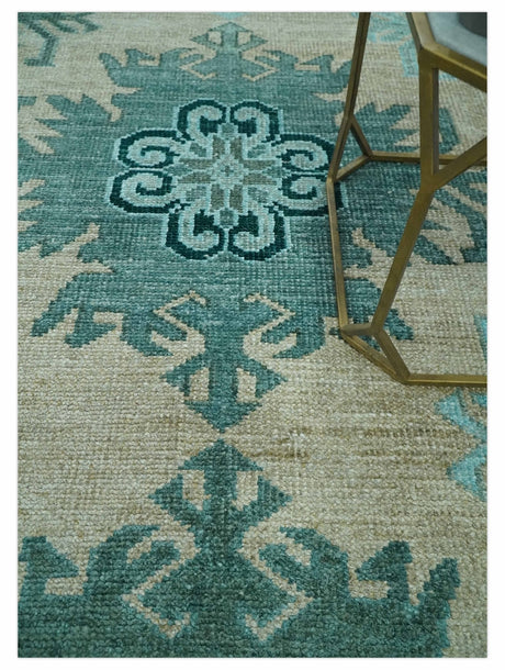 Traditional Large Design 5x8 Beige, Teal and Aqua Hand knotted wool area rug