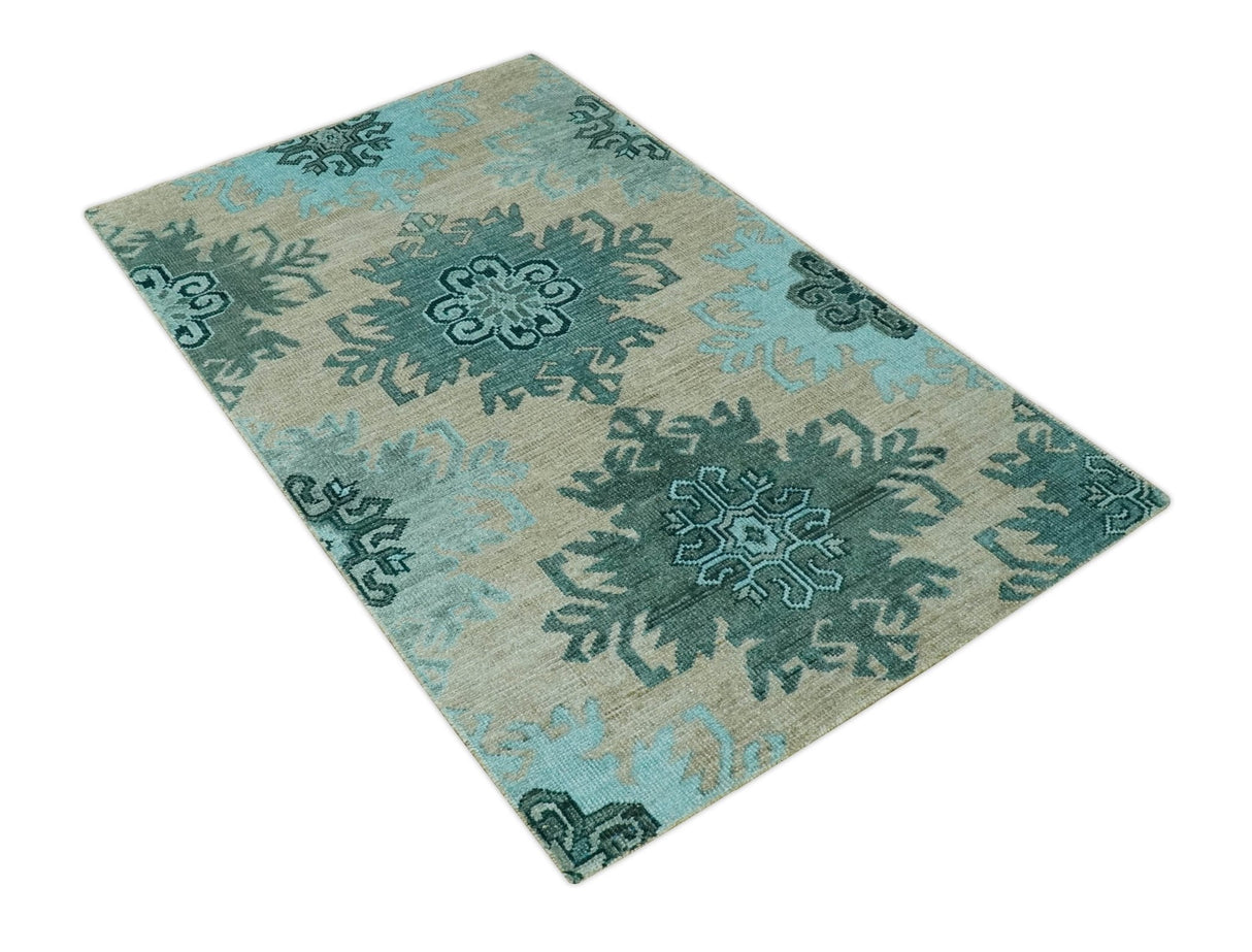 Traditional Large Design 5x8 Beige, Teal and Aqua Hand knotted wool area rug