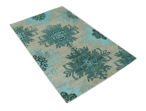 Traditional Large Design 5x8 Beige, Teal and Aqua Hand knotted wool area rug