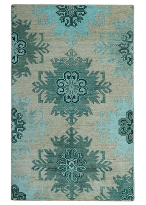 Traditional Large Design 5x8 Beige, Teal and Aqua Hand knotted wool area rug