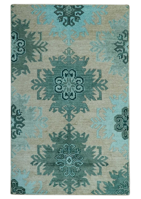 Traditional Large Design 5x8 Beige, Teal and Aqua Hand knotted wool area rug
