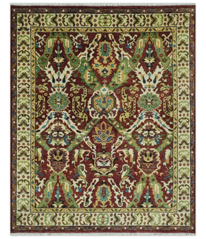 Traditional Large Design Maroon and Green Hand Knotted 8x10 wool area rug
